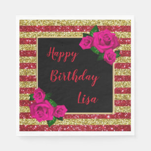 Gold Red Glitter Stripes Pink Roses Birthday Napkin
