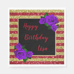 Gold Red Glitter Stripes Purple Roses Birthday Napkin