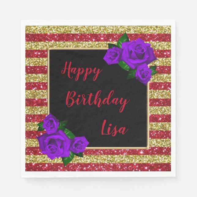 Gold Red Glitter Stripes Purple Roses Birthday Napkin (Front)