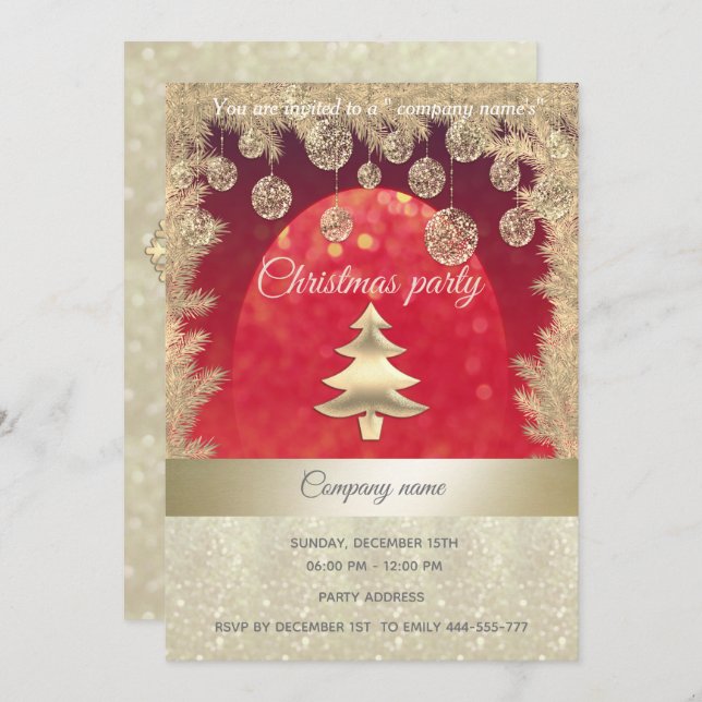 gold/red glittery corporate Christmas party Invitation (Front/Back)