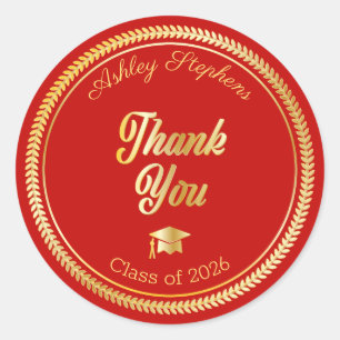 Gold   Red Grad Cap Class of 2023 Thank You Classic Round Sticker