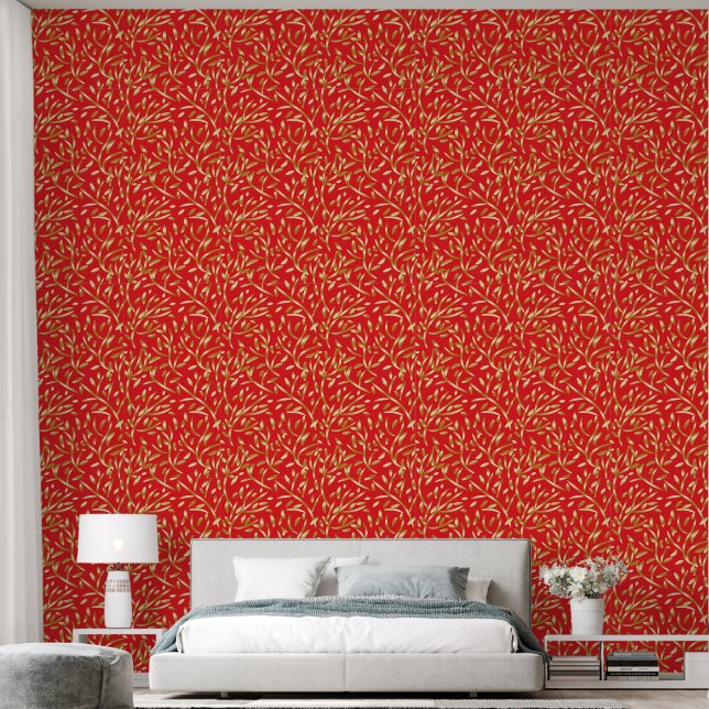 Gold Red Gradient Leaves Botanical Floral Pattern  Wallpaper (Bedroom)