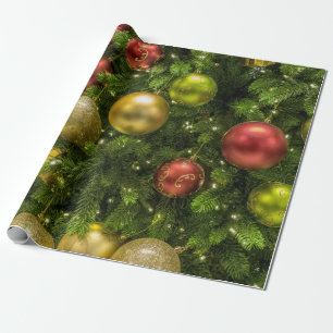 Gold Red & Green Christmas Ornaments Wrapping Paper