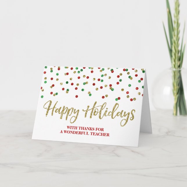Gold Red Green Confetti Teacher Christmas Card (Front)