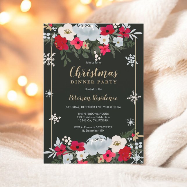 Gold Red Green floral snowflake Christmas Invitation (Gold Red Green floral snowflake Christmas Invitation)
