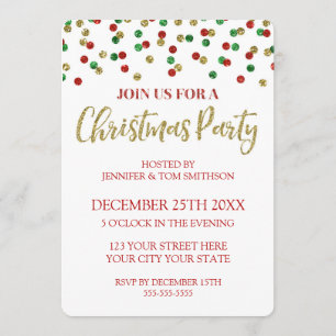Gold Red Green Glitter Confetti Christmas Party Invitation