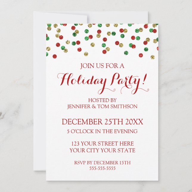 Gold Red Green Glitter Confetti Christmas Party Invitation (Back)