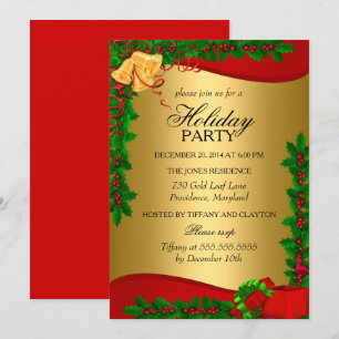 Gold Red Green Holly Leaves Bell Christmas Holiday Invitation