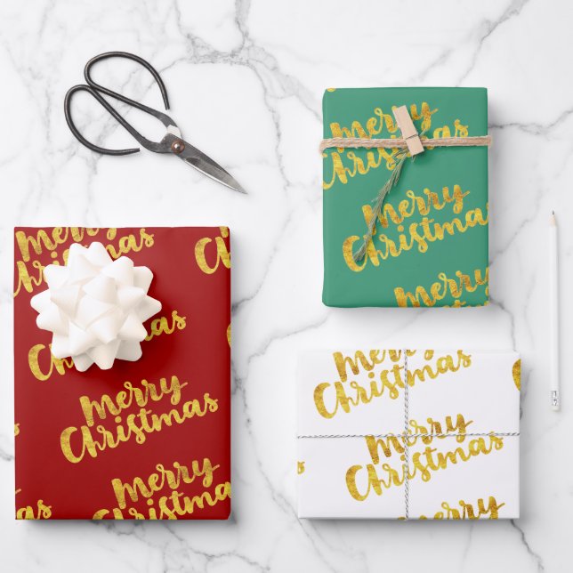 Gold Red Green Merry Christmas Happy Holidays Wrapping Paper Sheet (Front)