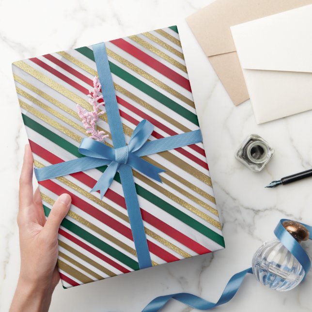 Gold  red green Stripes Holiday  Wrapping Paper (Gifting)
