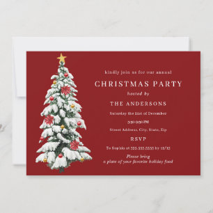 Gold Red Green Traditional Tree Christmas Party Invitation