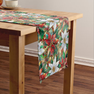 Gold Red Green White Poinsettia Short Table Runner