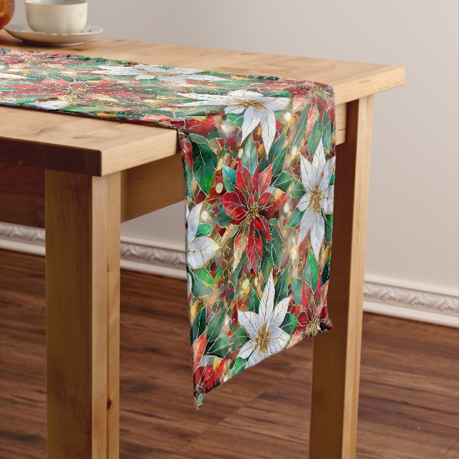 Gold Red Green White Poinsettia Short Table Runner (In Situ)