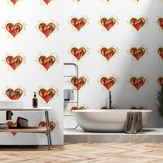 Gold Red Heart Custom Colour White Wallpaper (Bathroom)
