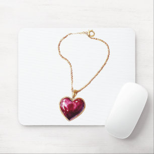 Gold Red Heart Necklace Mouse Mat