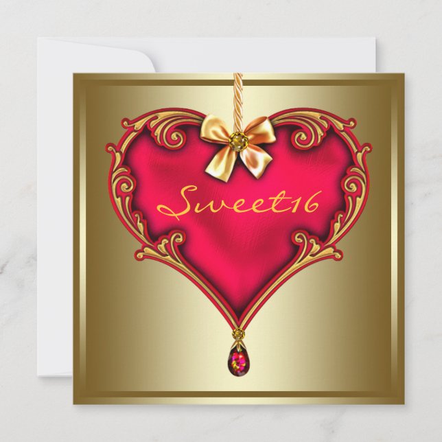 Gold Red Heart Sweet 16 Birthday Party Invitation (Front)