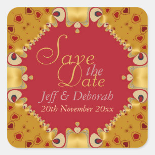 Gold & Red Hearts Save the Date Sticker