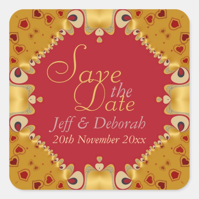 Gold & Red Hearts Save the Date Sticker (Front)