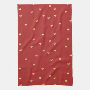 Gold Red Hearts Tea Towel