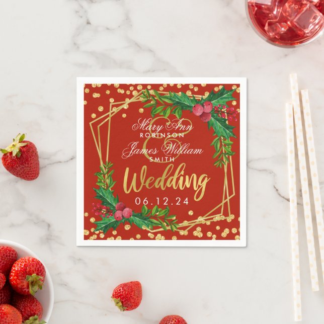 Gold Red Holiday Christmas Wedding Party Holly Napkin (Insitu)