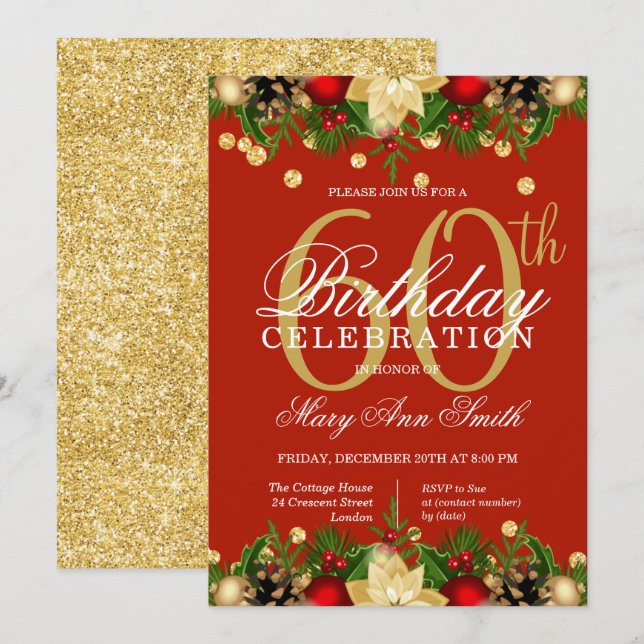Gold & Red Holiday Glitter 60th Birthday Party Invitation (Front/Back)