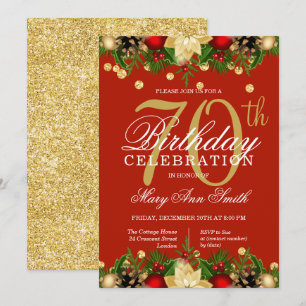 Gold & Red Holiday Glitter 70th Birthday Party Invitation