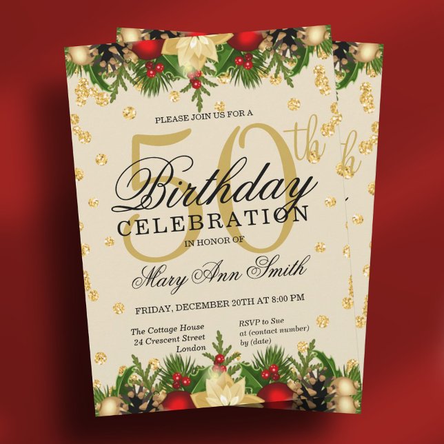 Gold & Red Holiday Glitter Glam 50th Birthday Invi Invitation (Gold & Red Holiday Glitter Glam 50th Birthday Invi Invitation)