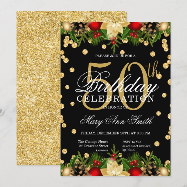 Gold & Red Holiday Glitter Glam 50th Birthday  Invitation (Front/Back)