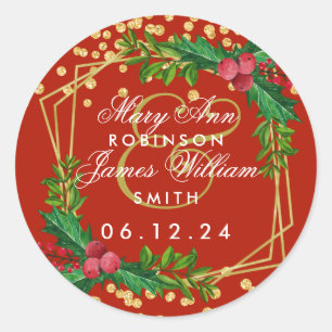 Gold Red Holiday Save The Date Wedding Holly Classic Round Sticker