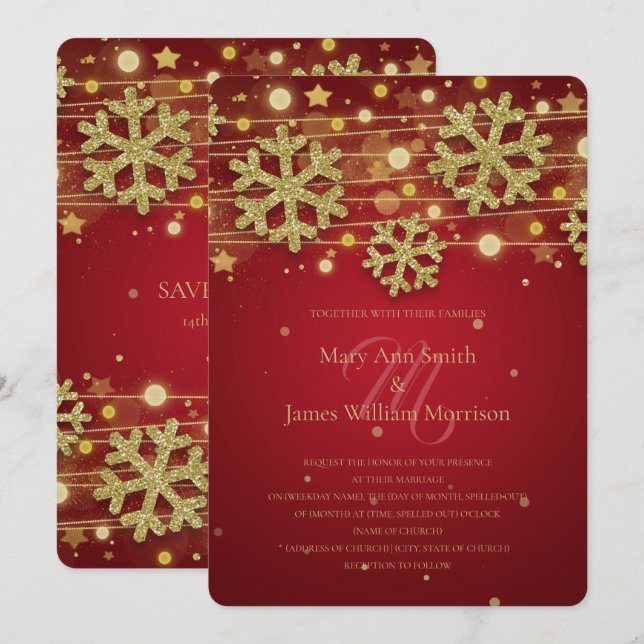 Gold & Red Holiday Wedding Save The Date Invitation (Front/Back)