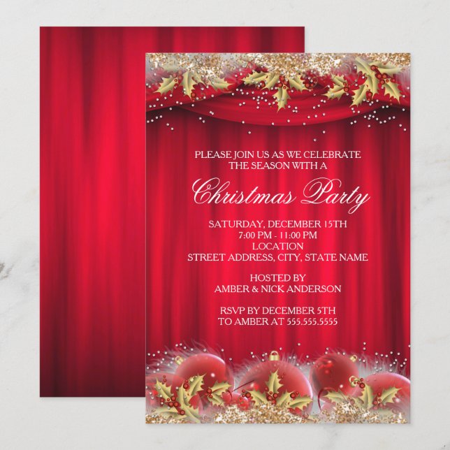 Gold Red Holly Baubles Christmas Party Invite (Front/Back)