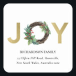 GOLD RED HOLLY BERRY JOY WREATH CHRISTMAS ADDRESS SQUARE STICKER<br><div class="desc">If you need any further customisation please feel free to message me on yellowfebstudio@gmail.com.</div>