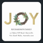GOLD RED HOLLY BERRY JOY WREATH CHRISTMAS ADDRESS SQUARE STICKER<br><div class="desc">If you need any further customisation please feel free to message me on yellowfebstudio@gmail.com.</div>