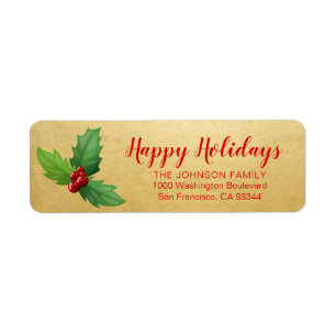 Gold Red Holly Happy Holiday Xmas Return Address