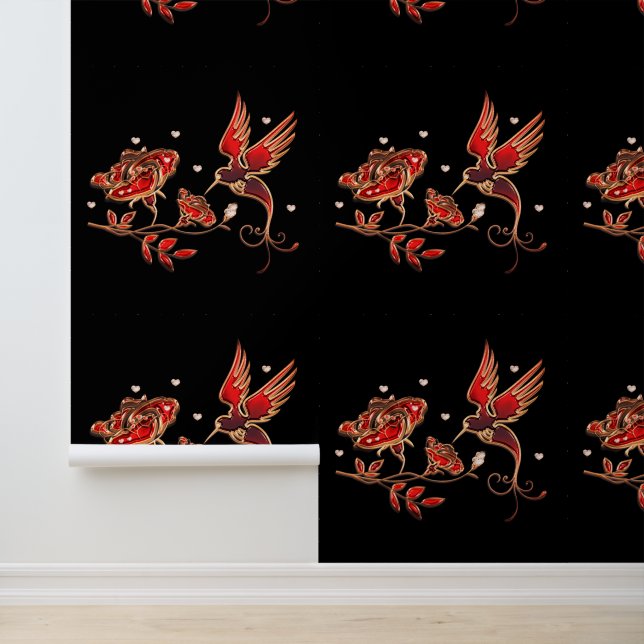 Gold Red Jewellery Bird and Rose Custom Colour Bla Wallpaper (Application)