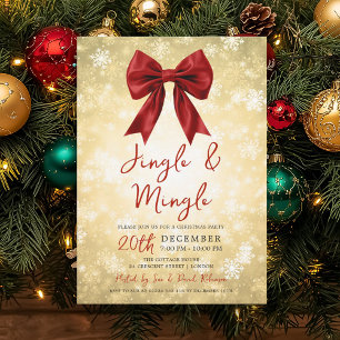 Gold Red Jingle Mingle Christmas Party Bow & Snow Invitation