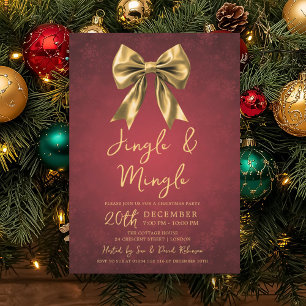 Gold Red Jingle & Mingle Christmas Party Bow Snow  Invitation