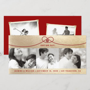 Gold & Red Knot Double Happiness 3 Photo Chinese Save The Date