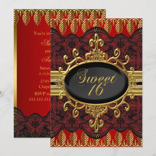 Gold Red Leaf Lace Sweet 16 Party Invite (Front/Back)