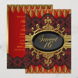 Gold Red Leaf Lace Sweet 16 Party Invite