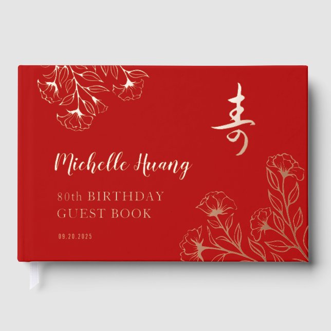 Gold Red Longevity Birthday Foil Guestbook (FL) (Front)