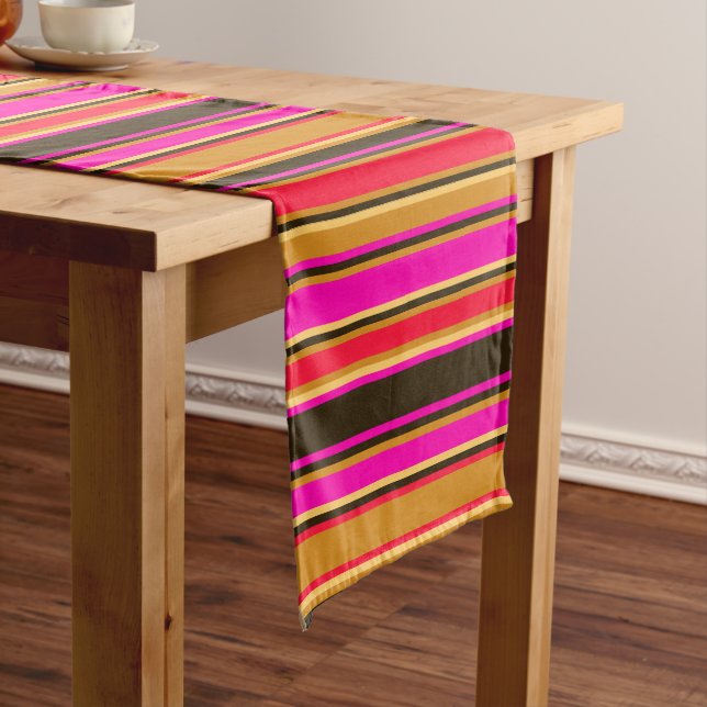 Gold, Red, & Magenta Striped Table Runner (In Situ)