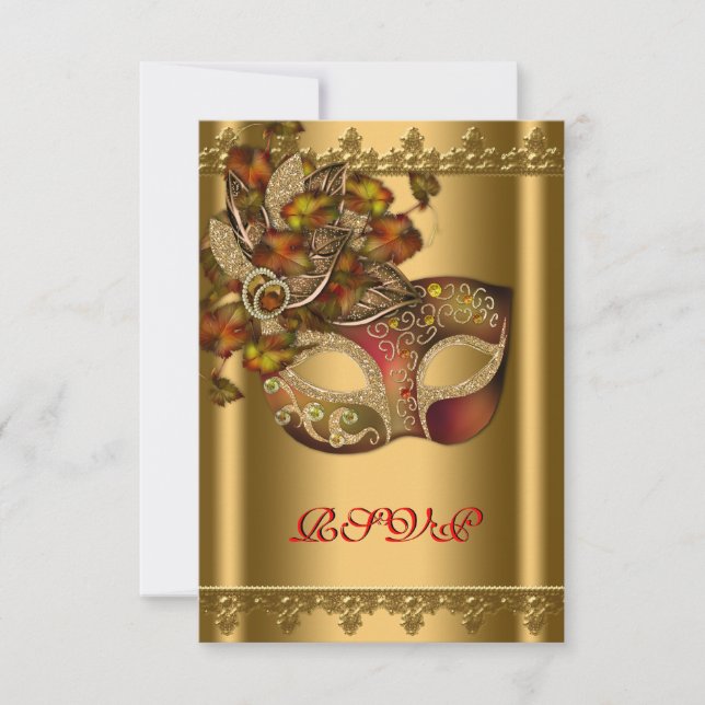 Gold Red Mask Gold Red Masquerade Party RSVP (Front)