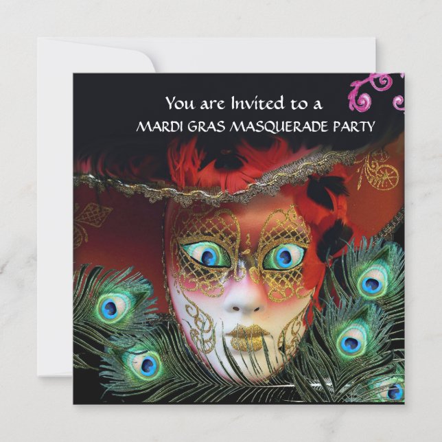 GOLD RED MASK,PEACOCK FEATHERS MASQUERADE PARTY, INVITATION (Front)