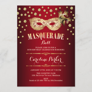 Gold Red Masquerade Ball Birthday Party Invitation