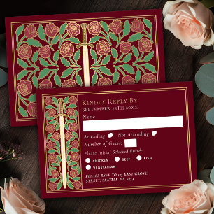 Gold Red Mediaeval Floral Sword Wedding RSVP Card