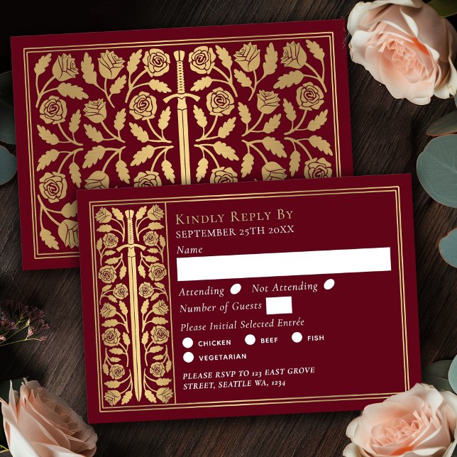 Gold Red Mediaeval Sword Wedding RSVP Card (Creator Uploaded)