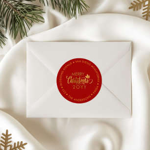 Gold & Red Merry Christmas Custom Return Address Classic Round Sticker