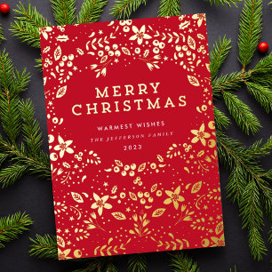 Gold & Red Merry Christmas Florals Foil Holiday Card