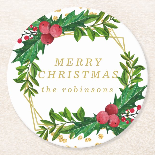 Gold Red Merry Christmas Party Holly Glitter Round Paper Coaster (Front)